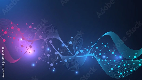 Obraz Modern abstract molecules structure for science or medical background. DNA helix or atom visualization. Molecular wave flow abstract background. Vector illustration