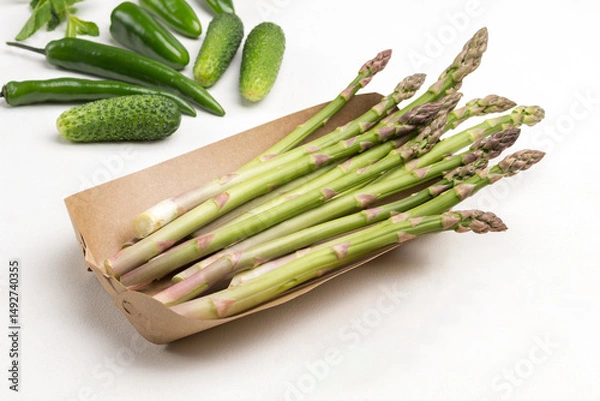 Fototapeta Green asparagus in cardboard disposable dish