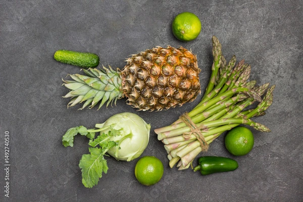 Fototapeta Pineapple and green asparagus tied in bunch on table. Kohlrabi, savoy cabbage and lime