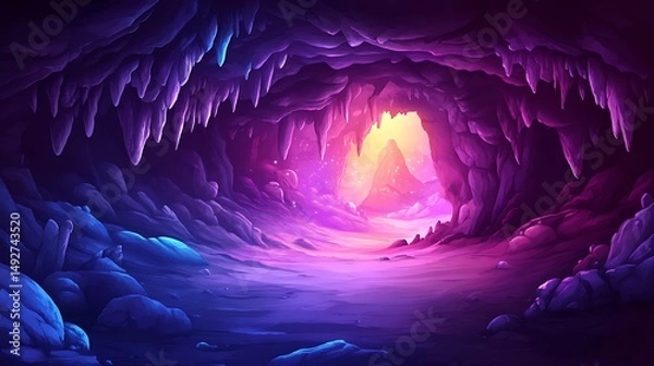 Fototapeta Stylized cave interior with luminous opening digital illustration