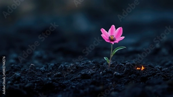 Obraz A single pink flower glows softly amid dark embers, radiating resilience and beauty in the night stillness
