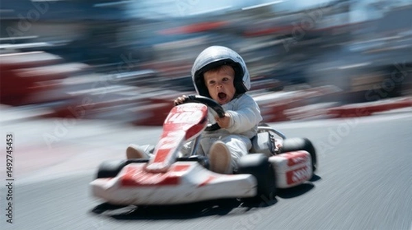 Obraz A baby is driving a kart on a racetrack