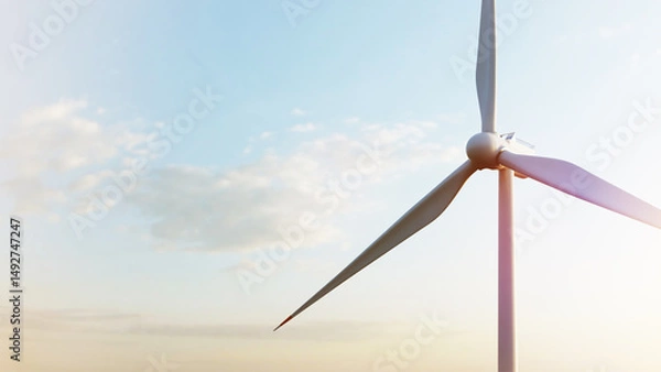 Fototapeta Wind turbine rotating and generating clean energy under a cloudy sky at sunset