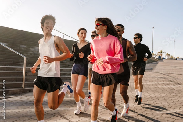 Fototapeta A group of diverse young athletes jogs outdoors in a sunny city, wearing sportswear and athletic shoes. The group runs on the paved sidewalk near the stairs.