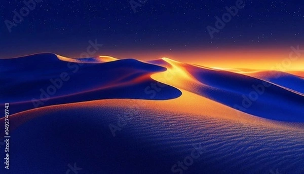 Obraz Sandy Grain Dusk Horizon, A serene abstract background with sandy grain textures blending deep indigo and warm amber hues,