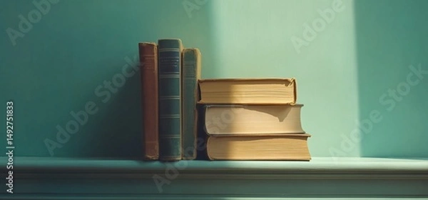 Fototapeta Books stacked on shelf under sunlight