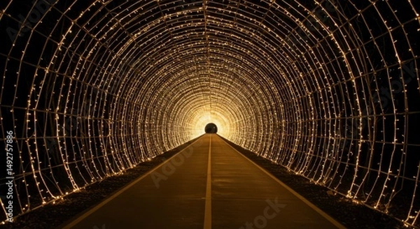 Fototapeta Illuminated tunnel path with warm light string decorations creating a mesmerizing perspective