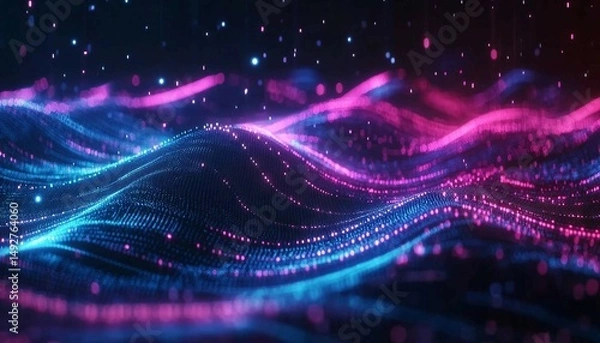 Obraz Molten Chrome Wave Flow, A dynamic abstract background with liquid metallic chrome waves in electric blue and magenta, 
