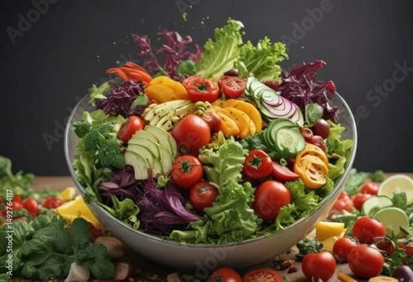 Fototapeta Vibrant veggies cascade into a crisp salad bowl ,  red,  colorful,  falling