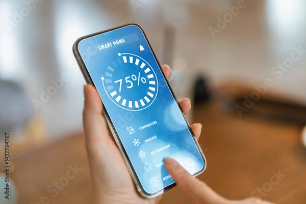 Fototapeta Smart home technology interface on smartphone, home IOT control panel for temperature and energy management, wireless automation system for modern smart living, security, device connectivity app