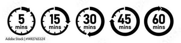 Fototapeta Minute timer icon set. 5, 15, 30, 45 and 60 minutes watch in black and white color. Timer, countdown, clock, stopwatch vector. Flat style.