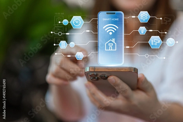 Fototapeta Smart home technology interface on smartphone, home IOT control panel for temperature and energy management, wireless automation system for modern smart living, security, device connectivity app
