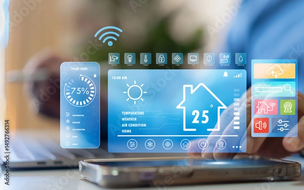 Fototapeta Smart home technology interface on smartphone, home IOT control panel for temperature and energy management, wireless automation system for modern smart living, security, device connectivity app