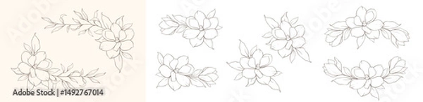 Fototapeta Minimal line art flower corners. Hand drawn boho style vector illustration. Floral wreath in delicate line art style. Minimalist vector illustration. Wedding Invitation flower arrangements, bouquets