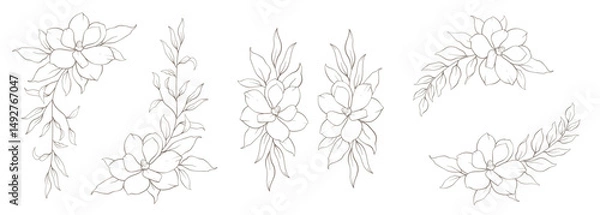 Fototapeta Minimal line art flower corners. Hand drawn boho style vector illustration. Floral wreath in delicate line art style. Minimalist vector illustration. Wedding Invitation flower arrangements, bouquets