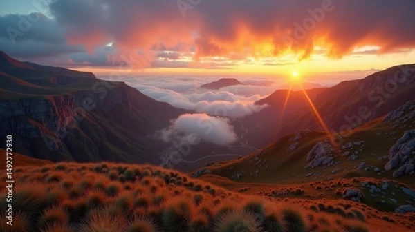 Fototapeta A panoramic view of Bufones de Pria in Spain at dawn, with dramatic clouds over the coastal cliffs.
