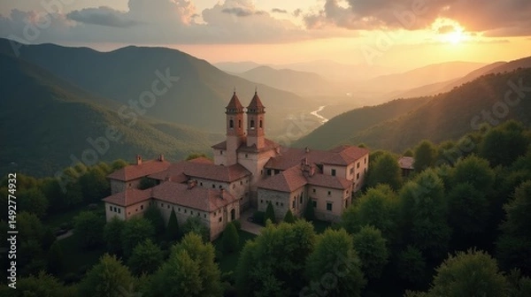 Fototapeta Overhead photo of Fageda d'En Jorda, Spain, at dawn, with cloudy skies and lush forest below.