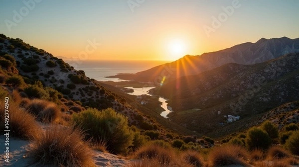 Fototapeta High-quality photo of Valle de Alcudia at dawn, sunny, from a view above.