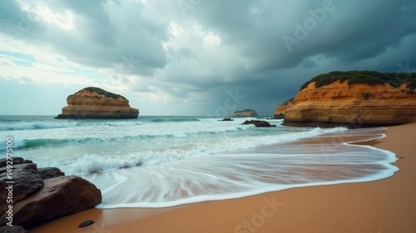 Fototapeta Wide panoramic view of Rodiles Beach at midday, with soft clouds and tranquil waters.