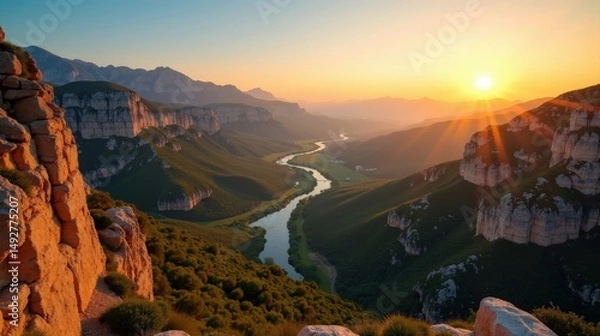 Fototapeta High-quality photo of Valle de Alcudia at dawn, sunny, from a view above.