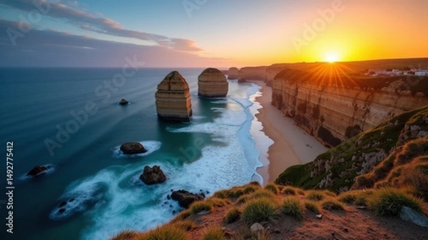 Fototapeta Cabo Penas at dawn with sunny weather, shot from a high vantage point, showcasing the rugged coastline and cliffs.