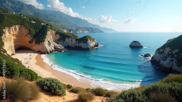 Fototapeta Midday panoramic view of Sa Tuna Cove in Spain, showcasing the clear blue waters and scenic coastline in full sunlight.