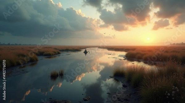 Fototapeta Panoramic view of Isla Cristina Marshes, Spain, during dawn with cloudy skies.
