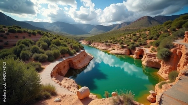 Fototapeta A panoramic view of Fuentona Spring in Spain at midday, with cloudy skies and tranquil water reflections.
