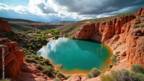 Fototapeta A panoramic view of Fuentona Spring in Spain at midday, with cloudy skies and tranquil water reflections.