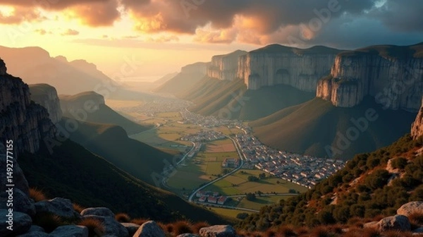Fototapeta Pena Sagra captured from the sky at dawn beneath cloudy skies, with soft light over rugged mountain peaks.