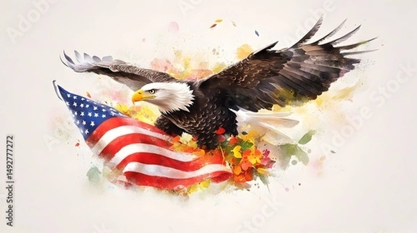Obraz A majestic bald eagle in flight, clutching an American flag amidst a vibrant watercolor explosion of autumnal colors