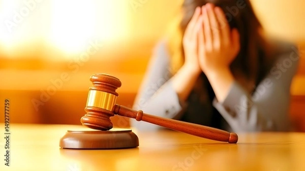 Obraz A wooden gavel rests on a table in the foreground, sharply in focus, while a distraught woman with her face covered by her hands sits blurred in the background