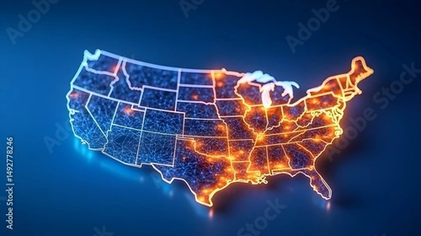 Obraz Glowing digital map of the USA, highlighting concentrated areas with orange and blue light, depicting data distribution across states