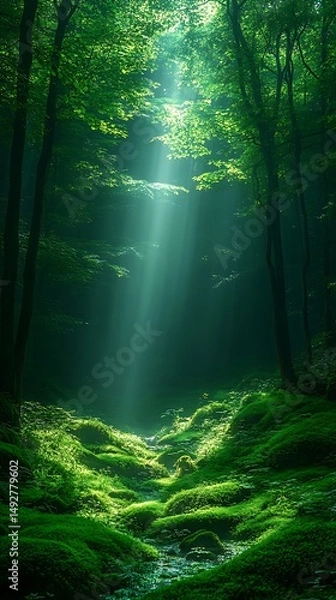 Fototapeta Sunlight filters through lush forest