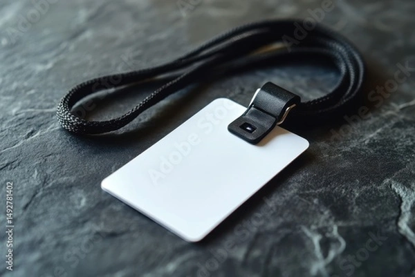 Obraz Blank white ID card with black lanyard on a dark gray textured background. Shows security, access, or identification, for events and workplace.