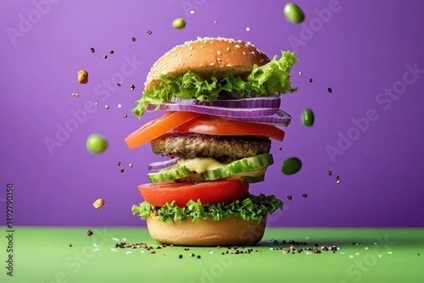 Fototapeta A vibrant. floating cheeseburger with layers of lettuce. tomato. onion. and colorful peppers against a purple background. showcasing an appetizing culinary creation