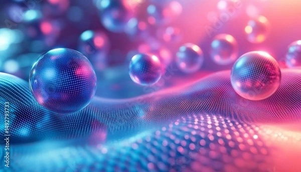 Obraz Holographic Kinetic Spheres, A vibrant 3D abstract background with kinetic spheres in neon cyan and coral,