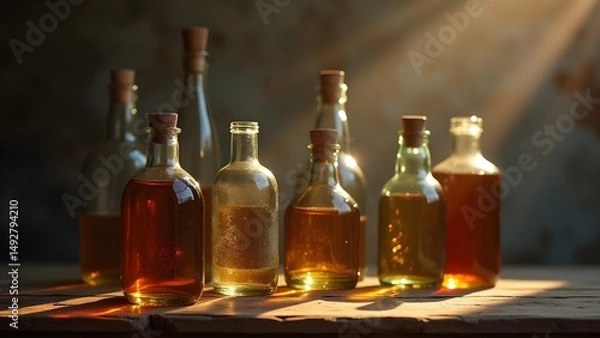 Obraz Collection of Bottles Filled with Various Flavored Liquids Displayed on a Wooden Table in Rustic Sunlight
