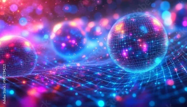 Obraz Holographic Kinetic Spheres, A vibrant 3D abstract background with kinetic spheres in neon cyan and coral,