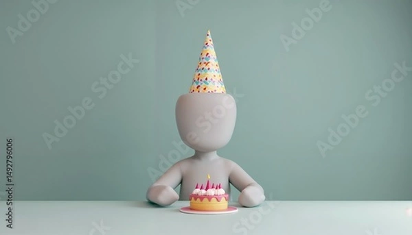 Obraz Person in party hat sitting alone with cake against neutral background