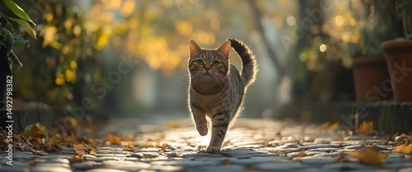 Fototapeta Cat walking along autumn cobblestone path