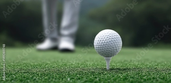 Fototapeta Golf Ball on Tee Ready to Be Struck on a Green Course with Blurred Figure in the Background Under Soft Natural Lighting