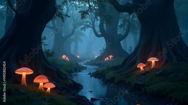 Fototapeta Enchanted Forest Stream with Glowing Mushrooms in a Mystical, Dreamlike Landscape