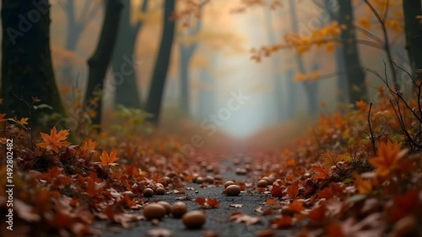 Fototapeta Autumnal Pathway Through Misty Forest with Orange Leaves and Mellow Atmosphere