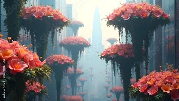 Fototapeta Dreamy Floral Cityscape: Futuristic Urban Scene with Blooming Flowers and Skyscrapers in the Mist