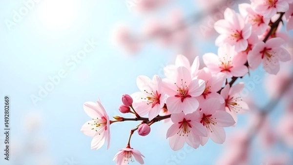 Fototapeta Soft Focus Pink Cherry Blossoms in Springtime: Delicate Beauty of Sakura on a Sunny Day