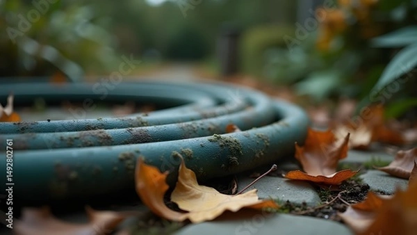 Fototapeta Mossy Garden Hose with Autumn Leaves on Stone Path: A Seasonal Nature Scene