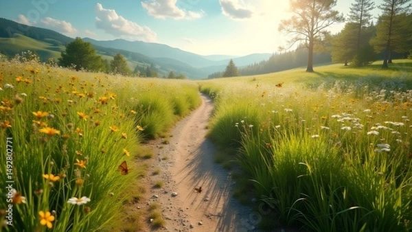 Fototapeta Sunlit Path Through Meadow with Wildflowers and Distant Mountains, Butterflies Fluttering, Perfect Scenery