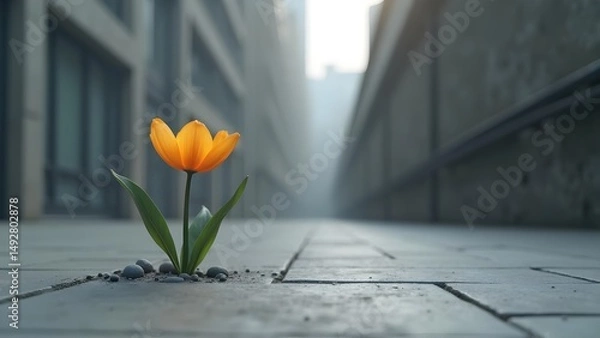 Fototapeta Resilient Tulip Blooming in Urban Landscape: Symbol of Hope and Perseverance