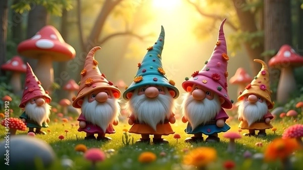 Fototapeta Playful Garden Gnomes in a Sunny Meadow with Colorful Hats and Mushrooms